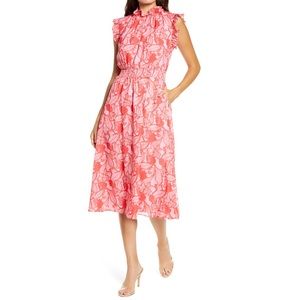 NEW Chelsea28 Nordstrom Pink Red Tropical Floral Ruffle Trim Midi Dress